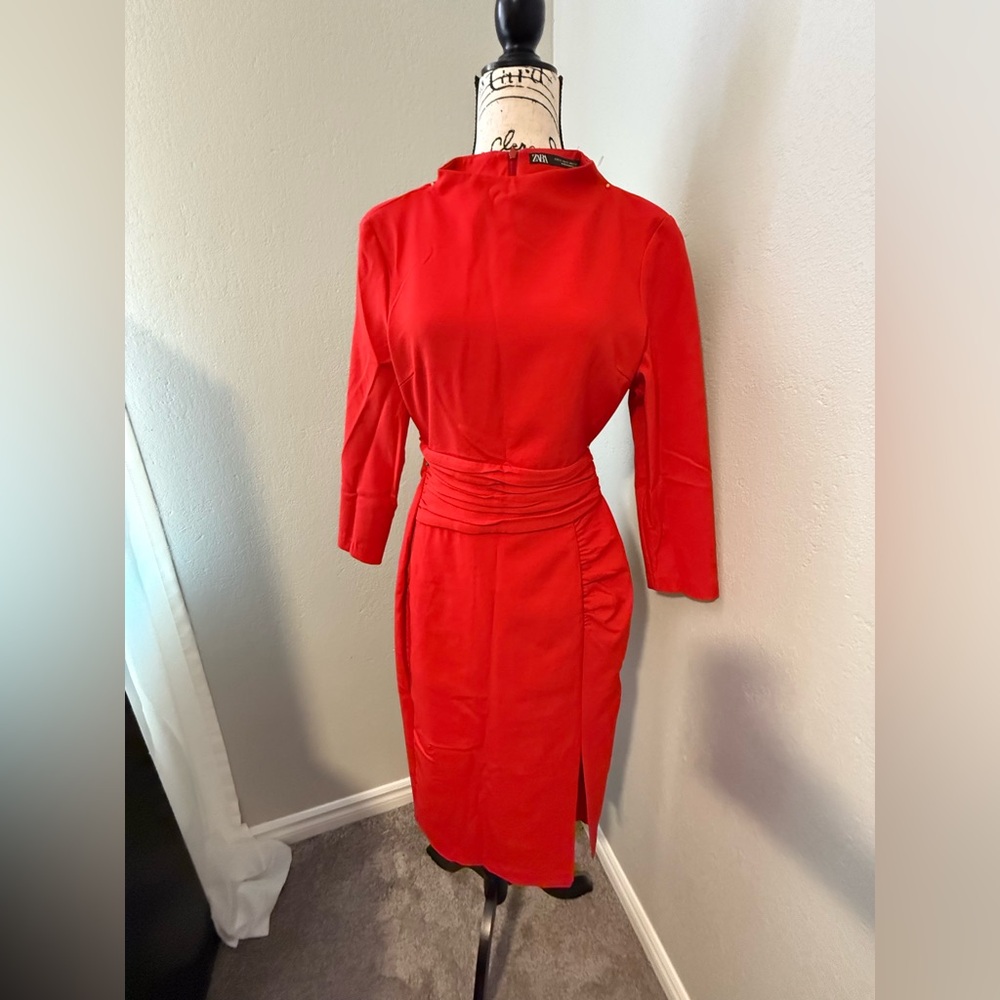 Zara Red Ruched Sheath Dress with Mandarin Collar